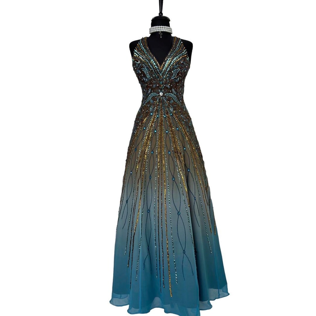 Retro Silky Brown Print Dress Blue main image 1