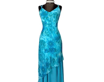 Vestido largo vintage de gasa Y2K: vestido de ocasión con estampado floral azul