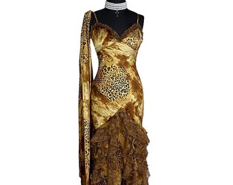 Vintage Silk Leopard Prom Dress , Maxi ‘ Long  Leopard Dress , Y2K  , Party ‘ Wedding Dress , animal print glamour dress