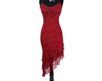 vintage sue wong y2k silk red rose dress | floral asymmetrical ruffle gown | romantic slip evening dress | designer silk formal XS