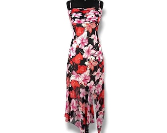 Y2K Chiffon Floral Dress , Vintage Beaded Asymmetrical Hemline Dress