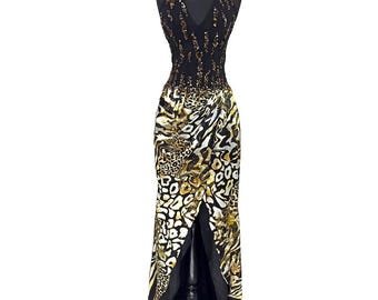 Y2K Leopard Satin Halter Dress, Beaded Bodice Long Evening Gown With Train