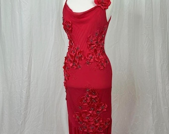 Vintage y2K  Silk Gown Prom Dress , Beaded Embroidery Fairy Silk Dress , Floor Lenght Occasion Dress