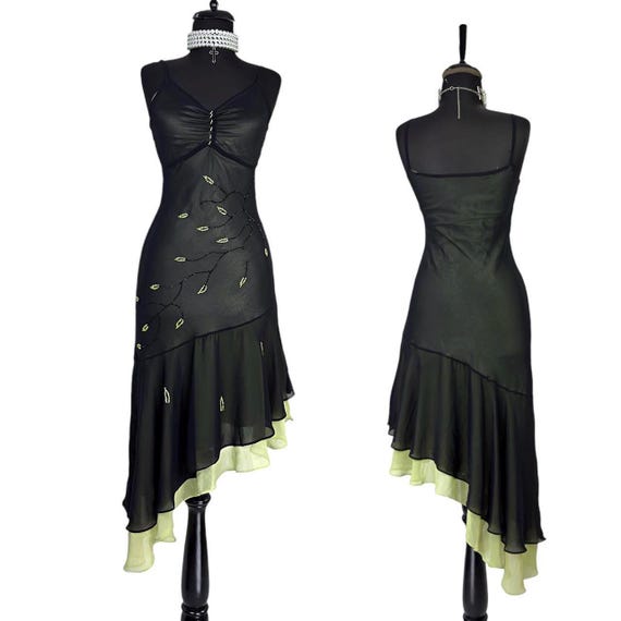 Vintage Y2K Black Green Beaded Dress, Asymmetric Hem Mesh Overlay