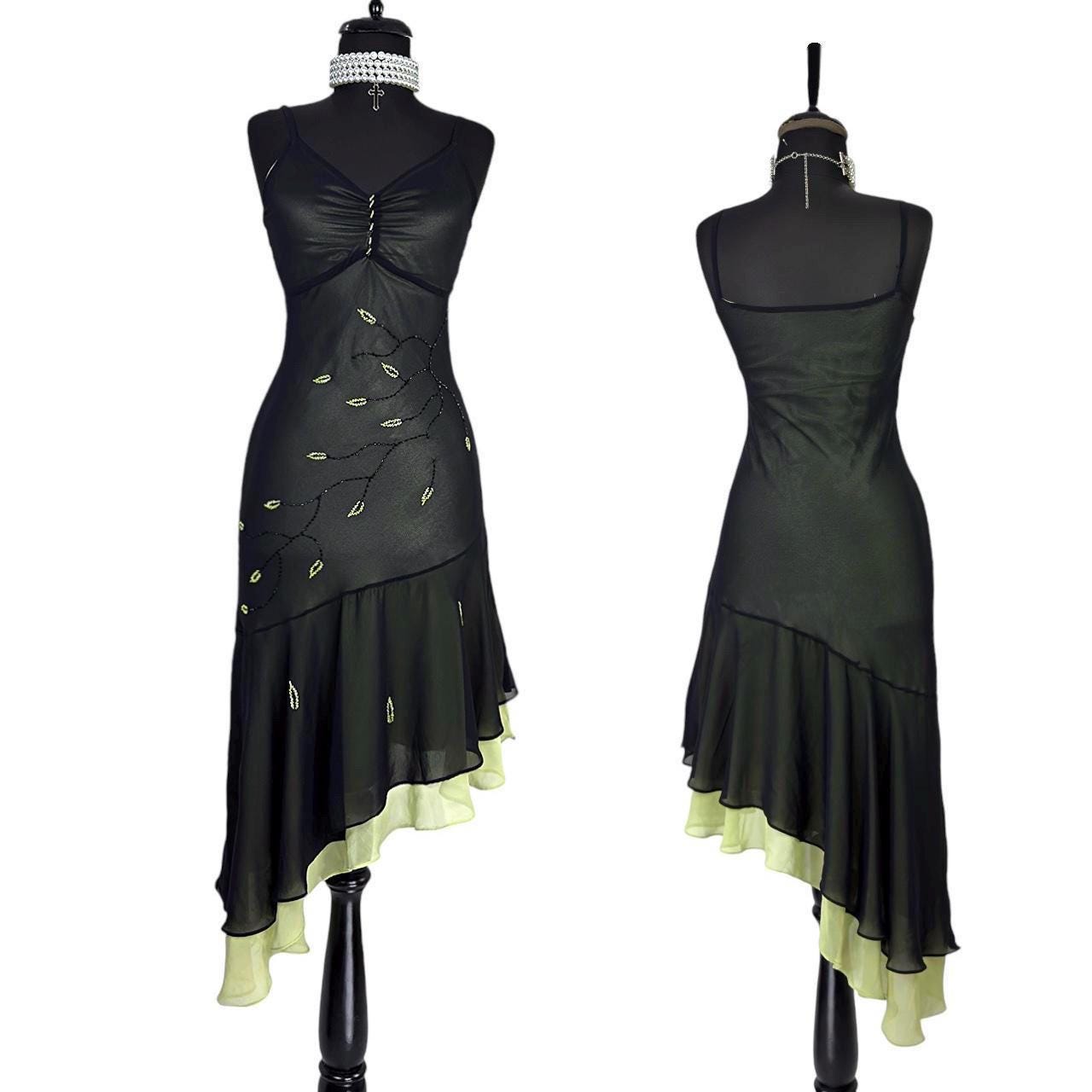 Vintage Y2K Black Green Beaded Dress, Asymmetric Hem Mesh Overlay