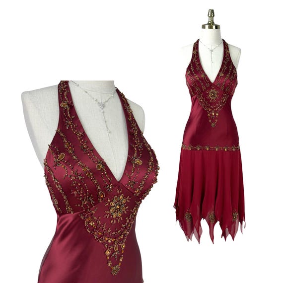 Vintage Sue Wong Silk Beaded Halter Dress: Burgundy Y2K Asymmetrical Hem Evening Gown