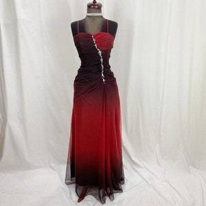 Vintage Red ‘ Black Ombré Floor Length Dress,  Vintage Mesh layered Dress , Red Maxi Dress
