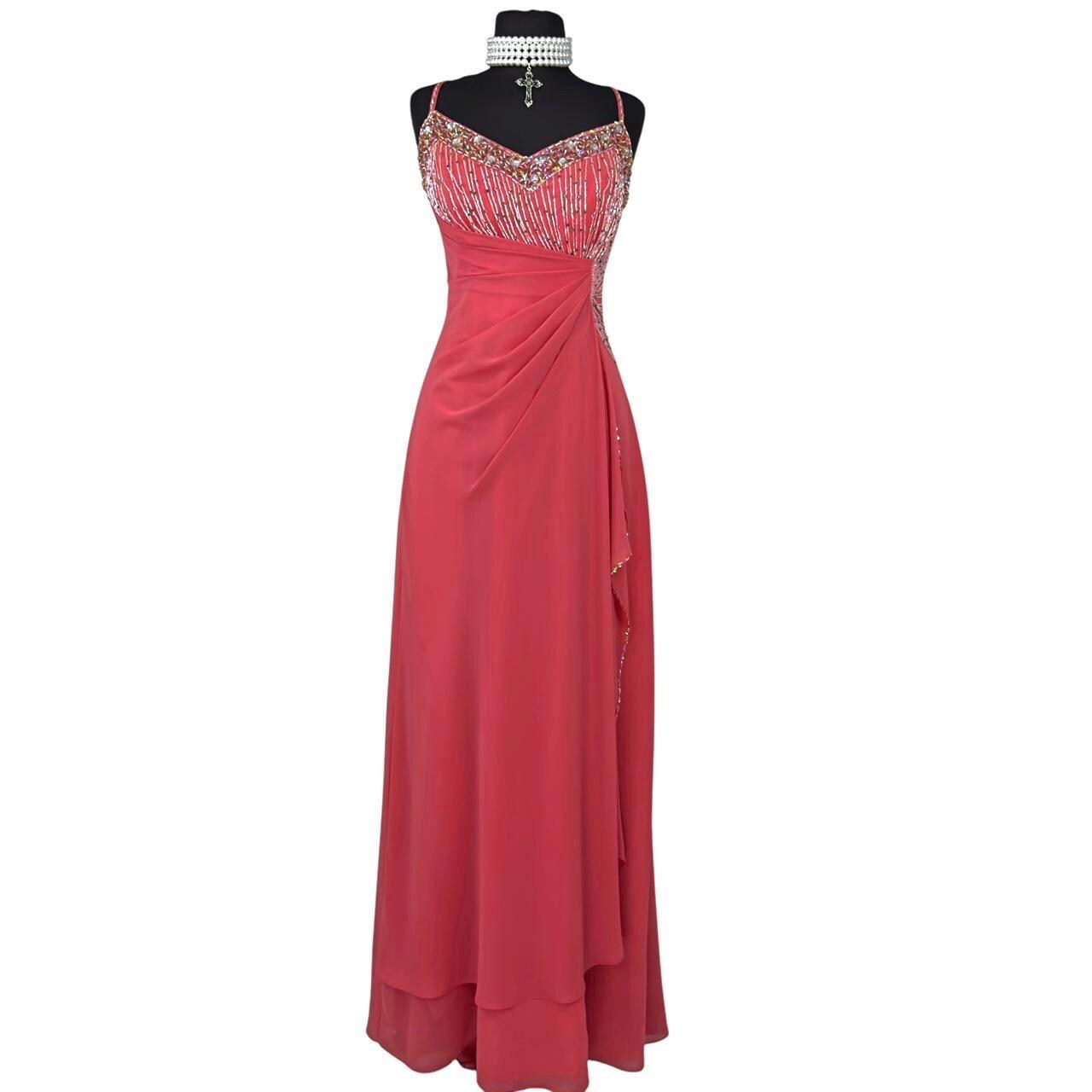 coral dresses long A Line V Neck Backless Lace Prom Dress, Coral Lace Floral Formal Dress, Coral Evening Dress This long dress features a cap sleeve scoop neckline with beaded trim and scattered all over the fitted bodice Andrea & Leo A1363 Long