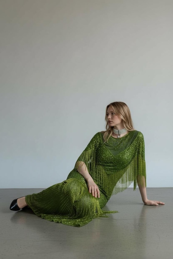 green fringe maxi dress Beaded Wedding Dress, Occasion Prom Gown (sheer chiffon with solid