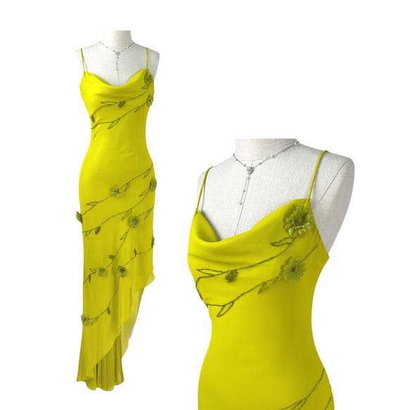 vintage lime green dress Chiffon Dress, Beaded Asymmetrical Cowl Neck Y2K Gown neckline:V Neck