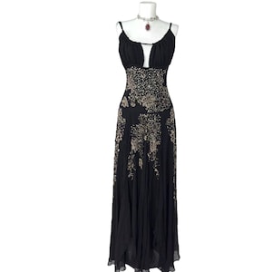 Vintage Black %100 Silk Prom Dress , Silk Beaded Embroidery Maxi Ballgown , Floor Lenght Occasion Beaded Dress
