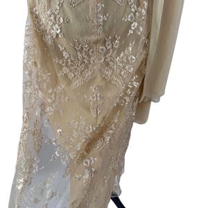 Puede incluir: Un vestido de fiesta beige con intrincada superposici&oacute;n de encaje floral. El vestido presenta delicados adornos de lentejuelas y una tela transparente y fluida. El dise&ntilde;o incluye un corpi&ntilde;o ajustado y una falda fluida.