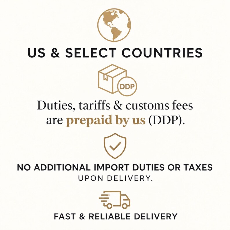 Text graphic detailing shipping policies with icons for a globe, package, shield, and delivery truck.