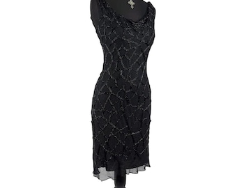 Vintage Silk  Beaded Black Mini Prom Dress , Cowl Neck Cocktail Dress , Size M