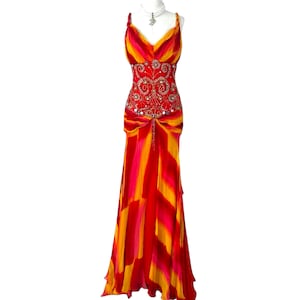 Vintage-Abendkleid aus Seide mit Perlenstickerei, abstrakter Druck in Sonnenuntergangsfarben