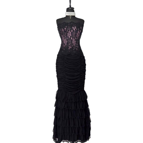 Gothic Black Ruffle Prom Dress, Vintage Strapless Sweetheart Ball Gown Formal Dress main image 1
