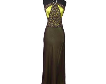 Vintage Y2K-halter doorschijnende avondjurk maxi met kralenkant, maat XS