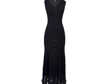 Vintage Black Silk Beaded Embroidery Prom Dress: UK 12 / US 10
