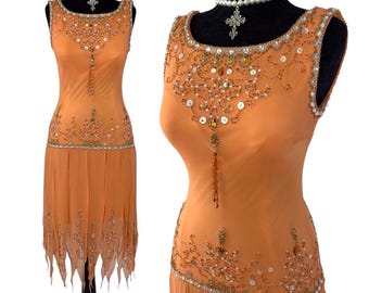 vintage beaded embellished flapper dress , 1920s style silk chiffon evening dress ,  art deco embellished midi dress XS