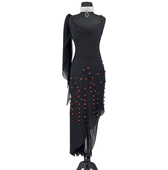 y2k chiffon dress Black Beaded Asymmetrical Dress, Cowl Neck Cocktail US Size:XXL - US 12 A Line V-Neck Champagne Web Collection: Transitional to AW106 White back straps Gathered chiffon