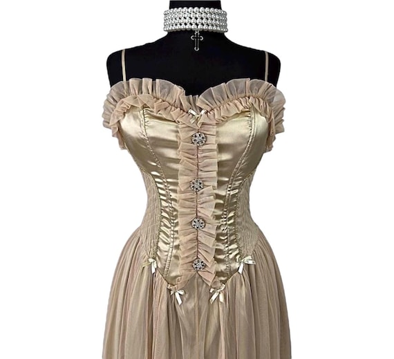Vintage Champagne Corset Layered Prom Dress , Maxi Formal Gown Xs
