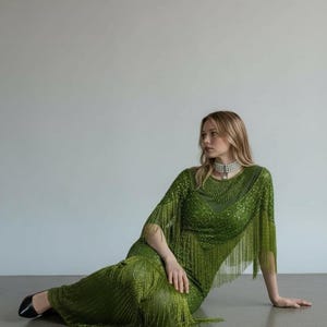 Olive Green Beaded Fringe Maxi Wedding Guest Dress, Occasion Prom Gown
