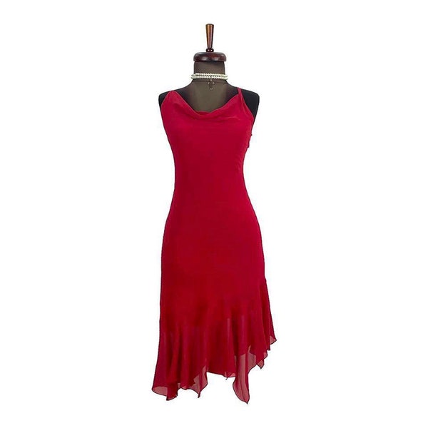 Vintage Rote Asymmetrische Chiffon Kleid Vintage Wasserfallausschnitt Kleid