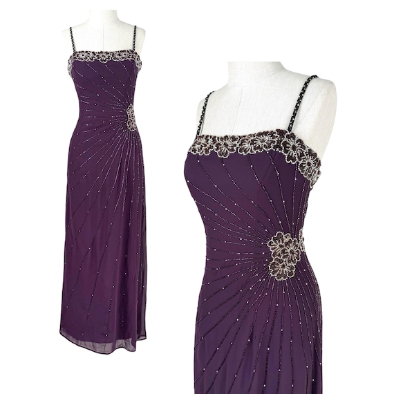 Vintage Purple Beaded Evening Gown, Chiffon Maxi Dress with Shawl, Formal Prom Dress