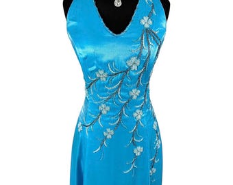 Vintage beaded embroidery halterneck prom dress  baby blue long ballgown size S