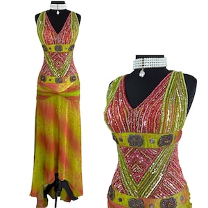 Vestido de fiesta de noche vintage Y2K, vestido de fiesta con lentejuelas multicolor, vestido de fiesta alto-bajo, vestido estilo bohemio Bollywood, vestido de festival con cuentas