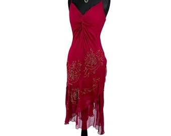 Vintage Beaded Burgundy Silk Dress: 3D Floral Applique, Asymmetric Hem, Size M
