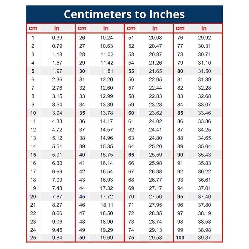Puede incluir: Una tabla de conversi&oacute;n titulada "Cent&iacute;metros a Pulgadas". Muestra medidas en cent&iacute;metros de 1 a 100, con sus equivalentes en pulgadas. &Uacute;til para conversiones r&aacute;pidas.