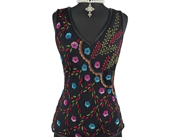 Camiseta sin mangas de seda vintage bordada – Blusa bohemia floral – Camiseta para festivales Indie Fairycore Y2K