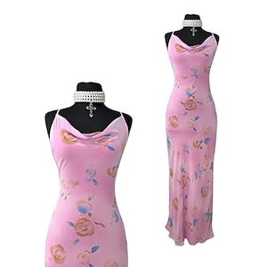 y2k pink Maxi dress , Vintage Cowl neck floral pink dress , pink fairy dress
