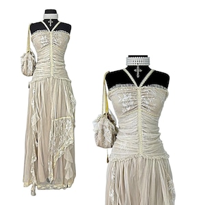 Y2K Lace Maxi Dress: Fairycore Prom Gown, XS with Bag & Gloves