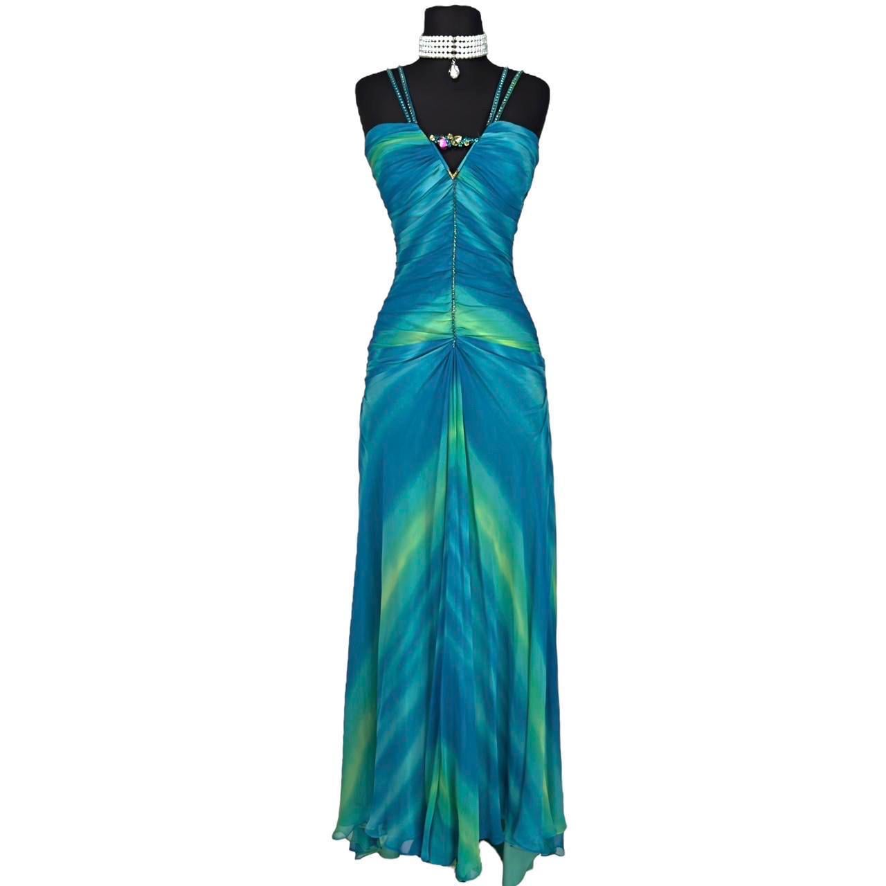 Vintage Silk Ombr Prom Dress: Blue Green Floor Length Gown