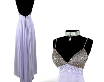 Vintage Beaded Lavender Prom Dress: Open Back Evening Gown (Size XXS)