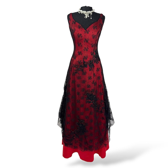Vintage Red Black Lace Maxi Dress, Gothic Floral Evening Gown, Size M