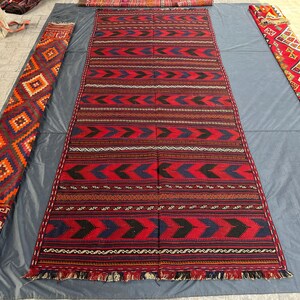 Long Tribal Kilim, 6x13 Ft, Hand Knotted Oriental Vintage Kilim, Afghan Antique Flatweave Wide Hallway Runner, Geometric Corridor Kilim