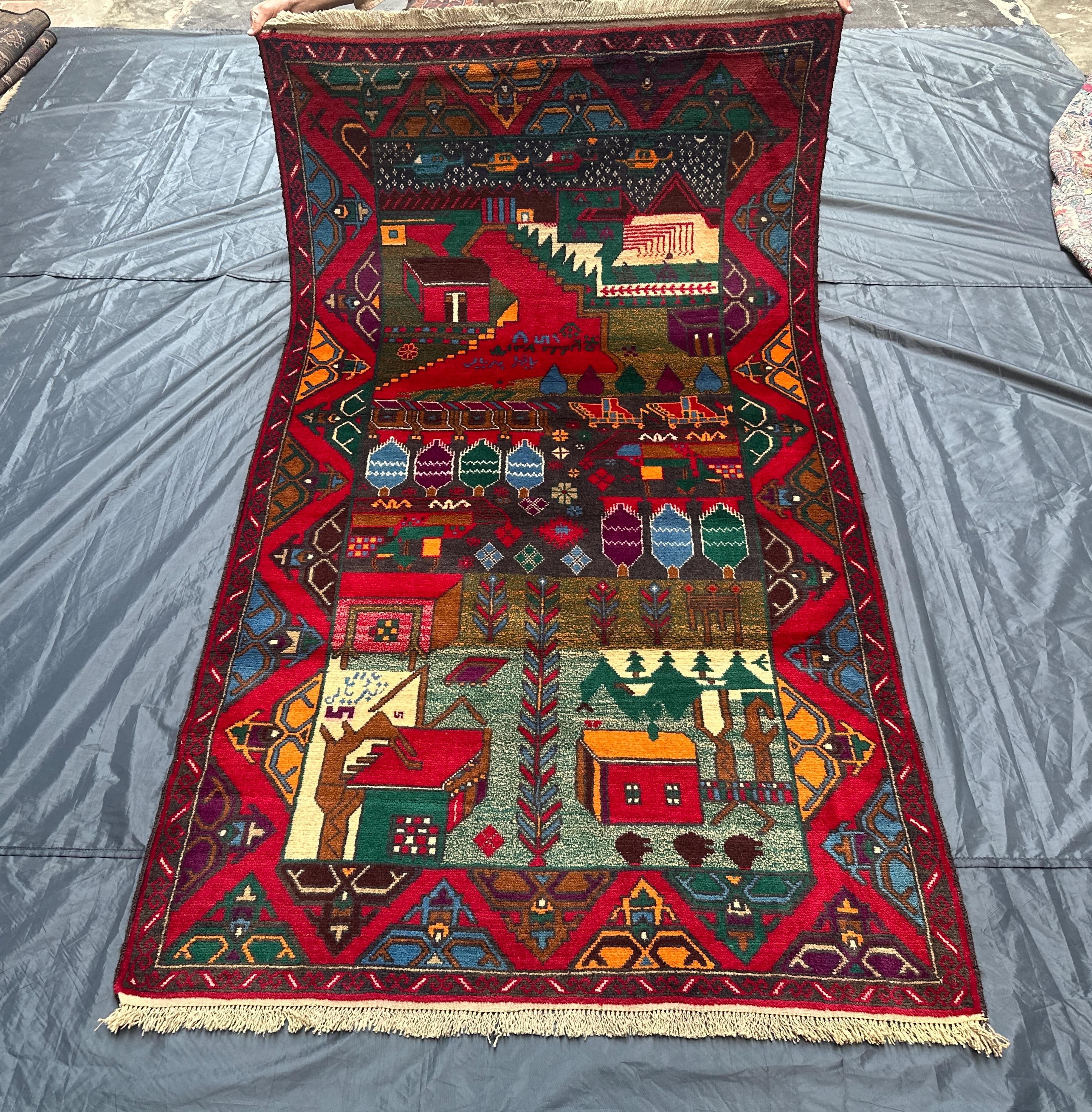 ウール製 赤い幾何学模様ラグ ハンドメイドのヴィンテージ絵画ラグ：4x7 レッド幾何学模様ウール