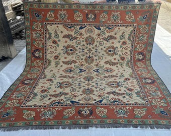 Vintage Turkoman Qalaino Kilim: 8x8 Handmade Wool Rug