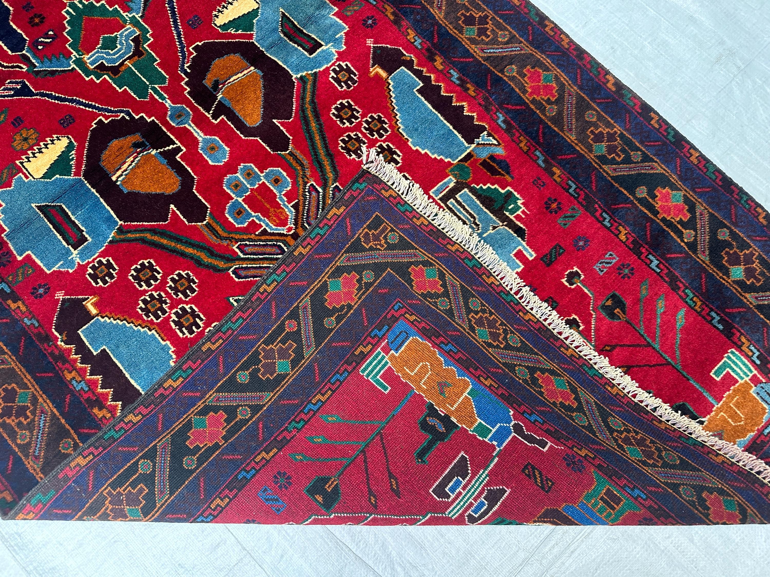 ヴィンテージ バルーチ ウール ラグ: 3x6 レッド&ブルー アフガン