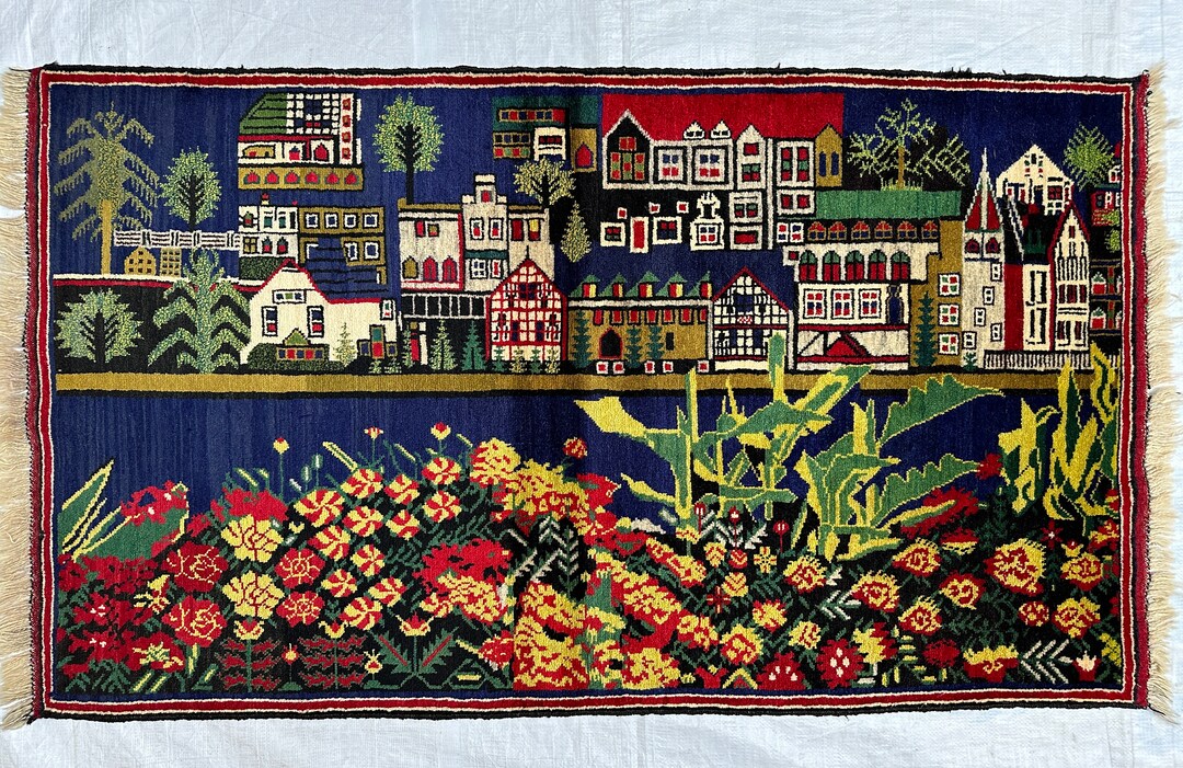 Flower City Rug 3x5 Vintage Pictorial City of Flowers Design Rug Handmade Red and Blue ...