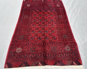 Vintage Hand Knotted Mori Afghan Wool Rug: 2.4x3.8 Ft, Vegetable Dyed