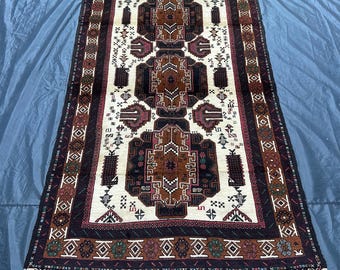 Alfombra de lana baluchi vintage: alfombra afgana geométrica hecha a mano de 1,2 x 1,8 m