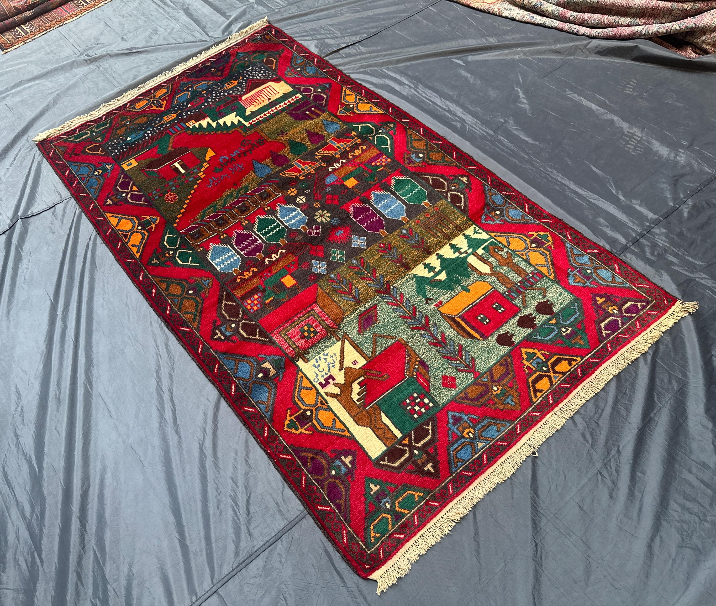 ハンドメイドのヴィンテージ絵画ラグ：4x7 レッド幾何学模様ウール