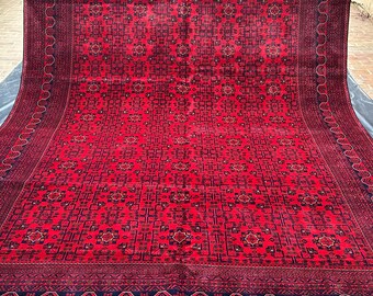 10x13 Afghan Bukhara Rug: Handmade Turkmen Wool Area Rug