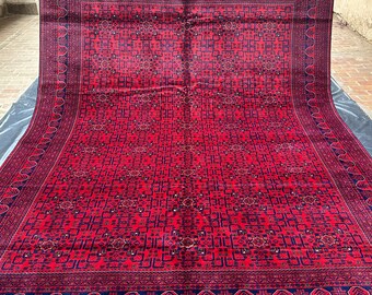 Handmade Turkmen Bukhara Rug: 9.10x13.3, Afghan Wool Rug