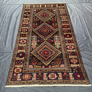 Vintage Baluchi Rug: 4x7 Ft Turkmen Handmade Wool Rug, Navy Blue & Green