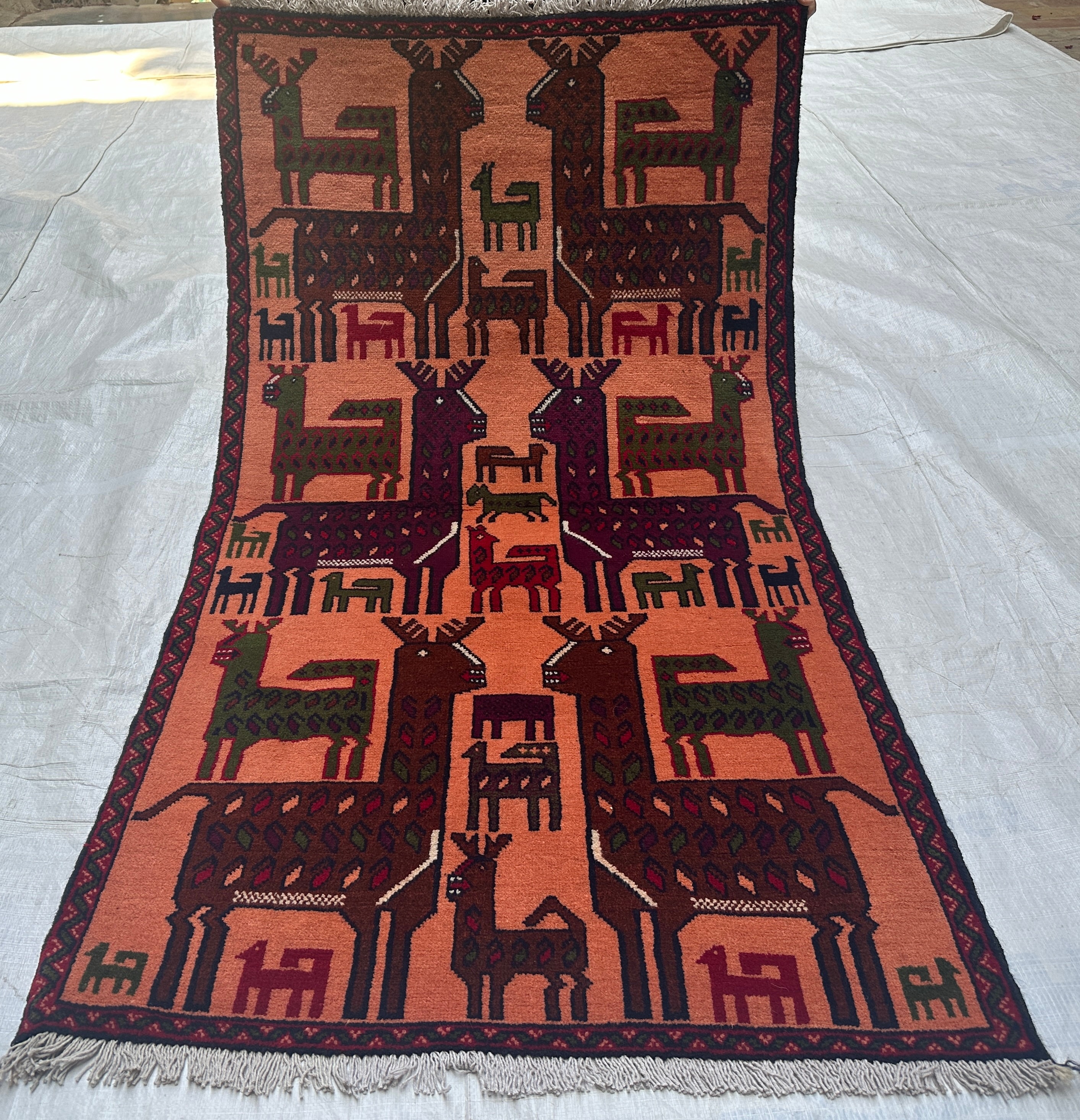 3x5 Ethnic Antique Pictorial Rug - Orange Animal Rug - Vintage Rug From 1970s - Handwoven Old Rug - Stunning Rug For Entryway - 2.9x4.10